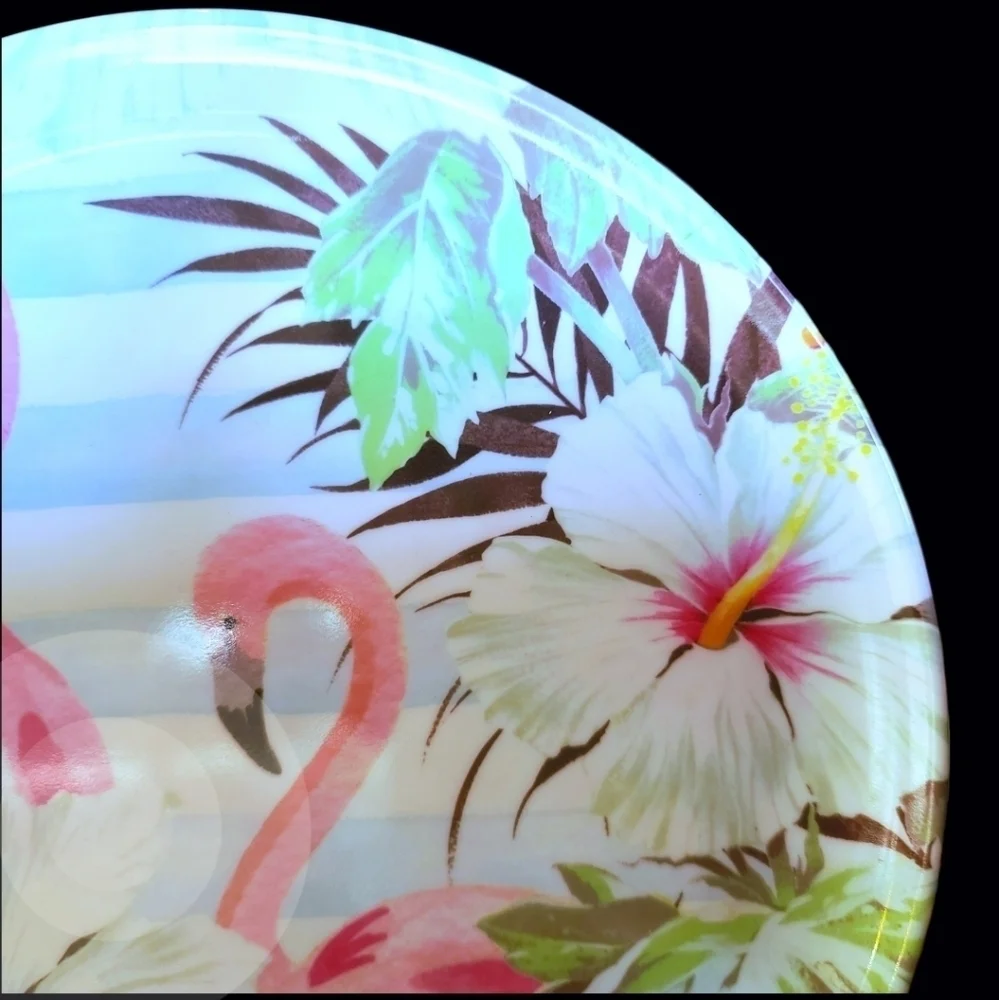 6pc Tropical Pink Flamingo Palm Hibiscus Flower Melamine Dinner Plate Set New